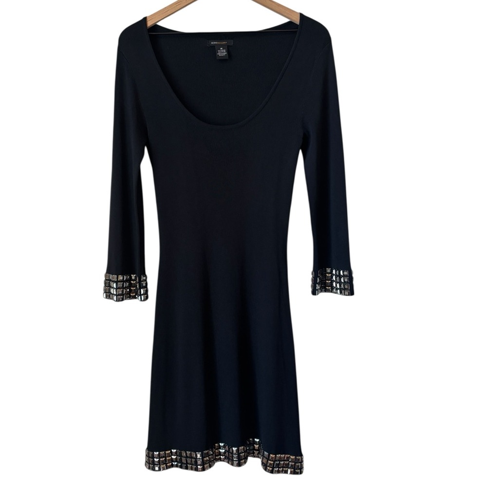 BCBG Max Azria Black Knit Bodycon Dress Sz M Gunmetal Rhinestones Goth Rock Punk